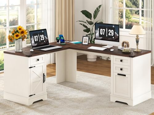 Squireewo 68.9'' Farmhouse L Shaped Desk with Drawers, Wood Executive Home Office Desk with Charging Station, File Drawers and Storage Cabinet, Computer Corner Desk for Work, Study and Writing, White - color: Rustic White, size: L Shaped Desk
