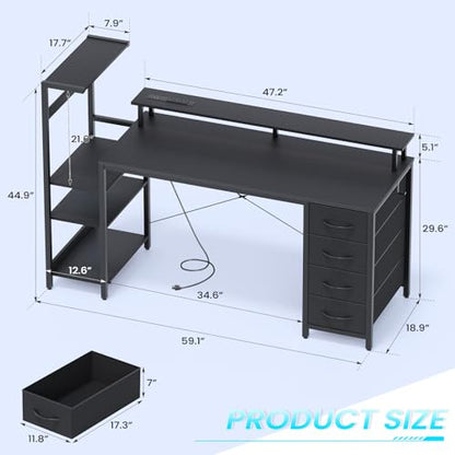 59in Gaming Computer Desk with Drawers & Power Outlet & LED Lights, Black - color: Black, size: 59''