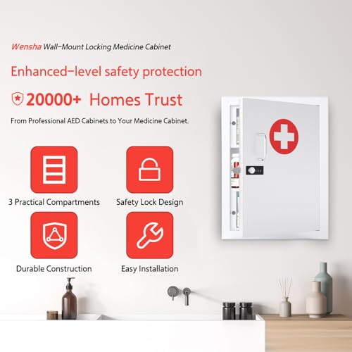 Locking Medicine Cabinet Wall-Mount: Storage Cabinet with Combination Lock & Key - White Metal First Aid Kits for Family Safety and Childproofing