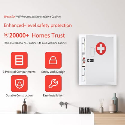 Locking Medicine Cabinet Wall-Mount: Storage Cabinet with Combination Lock & Key - White Metal First Aid Kits for Family Safety and Childproofing