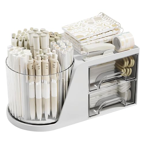 Desk Organizer with Rotating Pencil Pen Holder and 2 Small Drawers, Desk Caddy for Office Workspace Organization and Storage (White) - color: White