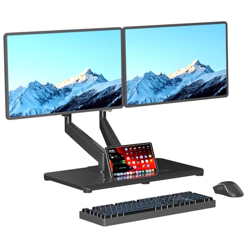 Pholiten Adjustable Dual Monitor Arms with Base for 17-32" Screens | Pneumatic Dual VESA Monitor Mount with Base, Freestanding Full Motion, Holds up to 22 lbs Each - style: dual arms