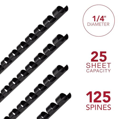 Mead CombBind Binding Spines/Spirals/Coils/Combs, 1/4", 25 Sheet Capacity, Black, 125 Pack (4000130) - size: 1/4"