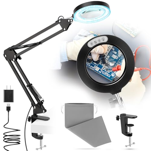 10X Magnifying Glass with Light and Stand,Hands-Free Desk Magnifier | Glass Lens, 5 Color Modes, Portable Velvet Bag,Adjustable Lightness & Swing Arm for Crafts Hobbies Reading Sewing Close Work - color: Black Magnifying Glasses With Light