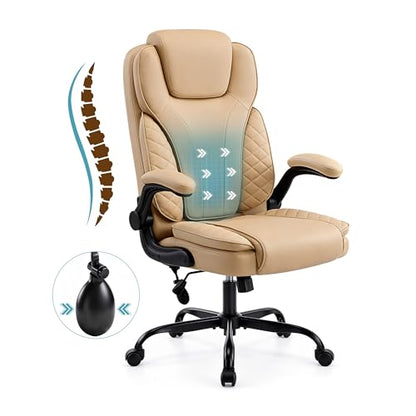 Ergonomic Office Chair, PU Leather High Back Executive Chair with Adjustable Inflatable Lumbar Support and Padded Flip-Up Arms, Recline Swivel Task Computer Chair for Home Office, Khaki - color: Khaki