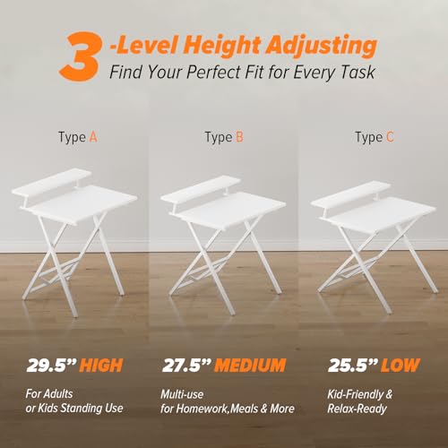 WOHOMO Folding Computer Desk with Monitor Stand, Adjustable Height, White | Foldable Table Small Office Desk for Bedroom, Space Saving Desk for Home Office, Easy Assembly - color: White