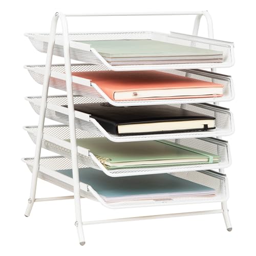 Mind Reader 5-Tier Paper Tray Organizer, White | Vertical Desktop File Storage Rack, Office, Metal Mesh - color: White, size: 14.5" x 13.8" x 11.5"