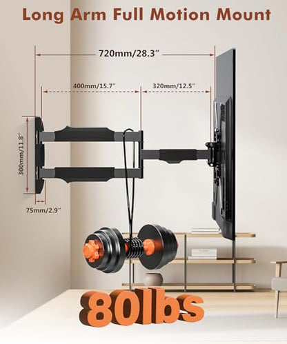 28.3" Long Arm TV Wall Mount for Most 26-65 Inch TV | Corner Wall Mount TV Bracket With Extension Arm Articulating, Swivel and Tilt, Max VESA 400x400mm and Up to 80 lbs