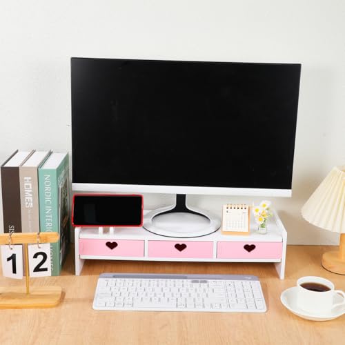 Pink Monitor Riser, Space-Saving Elevated Stand with Smooth Edges for Keyboard Storage, Ergonomic Desktop Organizer for Home & Office, 19.29x7.48x3.93In