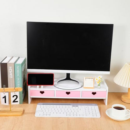 Pink Monitor Riser, Space-Saving Elevated Stand with Smooth Edges for Keyboard Storage, Ergonomic Desktop Organizer for Home & Office, 19.29x7.48x3.93In