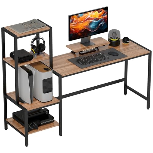 HOMCOM 67" Gaming Desk Reversible Computer Desk for Home Office Brown | Monitor Stand, 4-Tier Storage Shelves