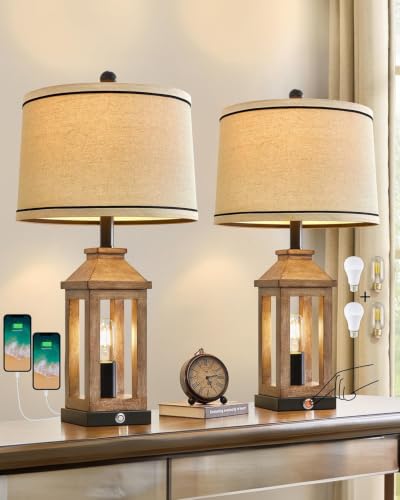 G-SAFAVA 23.75" Farmhouse Dual USB Charging Ports 3-Way Dimmable Touch Control Table Lamp with Nightlight Vintage Modern Lamps for Living Room Bedroom - color: Wood - Set of Two