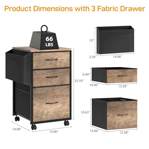 VINGLI 3 Drawer File Cabinet with Side Bag, Rolling File Cabinet Mobile Under Desk File Cabinet with Wheels, Fabric Drawers Printer Stand for Home Office, Fits Letter Size, Rustic Gray