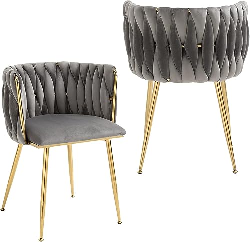 NIOIIKIT Modern Velvet Dining Chairs Hand Weaving Accent Chairs Living Room Chairs Upholstered Side Chair with Golden Metal Legs for Dining Room Kitchen Vanity Living Room (Grey) - color: Grey