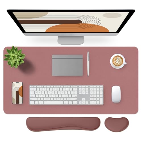 Bloss Dark Red Desk Mat, Large Mouse Pad, Non-Slip Desk Protector Mat, Leather Desk Blotter, Waterproof Desk Pad for Make Up Desk/31.5×15.7 Inch - color: Dark Red-wrist Rest, size: 31.5" x 15.7"