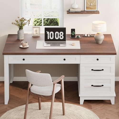 53.5" Executive Desk with Power Outlet, Home Office Desk with Drawers, Wooden Work Desk with File Cabinet, Computer Desk for Work, Study, Writing, White and Brown - color: White and Brown