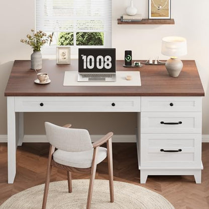 53.5" Executive Desk with Power Outlet, Home Office Desk with Drawers, Wooden Work Desk with File Cabinet, Computer Desk for Work, Study, Writing, White and Brown - color: White and Brown
