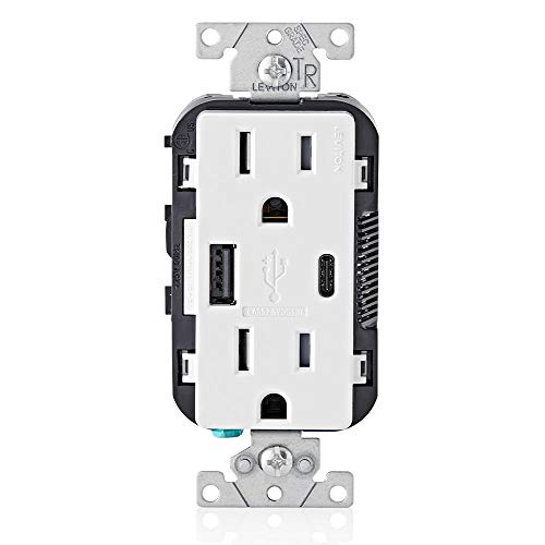 Leviton 15-Amp Type-C USB Charger/Tamper Resistant Receptacle, T5633-W, White, Pack of 8 - color: White, style: Receptacle