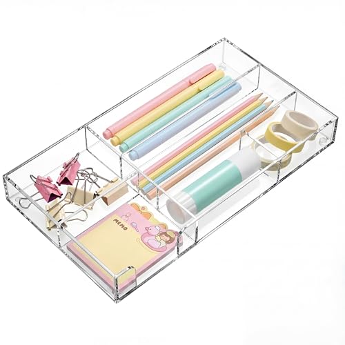 Briwooody Clear Acrylic Drawer Organizer,6 Compartments,Small | 11 x 6.1 x 1.38 Inche Desk Storage Tray Organizer for Pen, Stationery, Desktop, Office, Bathroom, Kitchen, Makeup Supplies - color: Transparent, size: Small, style: 6 Compartments