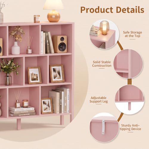 KIGOTY 10 Cube Modern Bookcase, 3-Tier Open Storage Organizer, Freestanding Bookshelf with Legs, Narrow Bookcase for Living Room, Bedroom & Office (Pink) - color: Pink