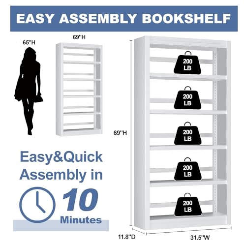 White 5-Tier Metal Bookcase, 69″ Heavy-Duty Sturdy Home Office Bookshelf | Holds Up 200 Books, Adjustable Shelves, Heavy-Duty Load, Fast Screw-Free Assembly, Widely Used Home & Office Storage - color: White, size: Style1-31.5"W