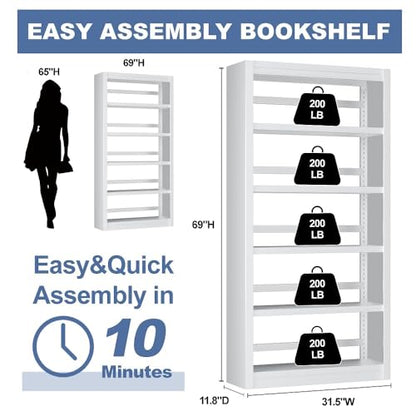 White 5-Tier Metal Bookcase, 69″ Heavy-Duty Sturdy Home Office Bookshelf | Holds Up 200 Books, Adjustable Shelves, Heavy-Duty Load, Fast Screw-Free Assembly, Widely Used Home & Office Storage - color: White, size: Style1-31.5"W