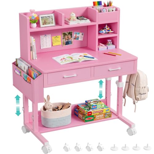 Pink Kids Desk with Hutch, 32" Height Adjustable Mobile Rolling Girls Desk - color: Pink