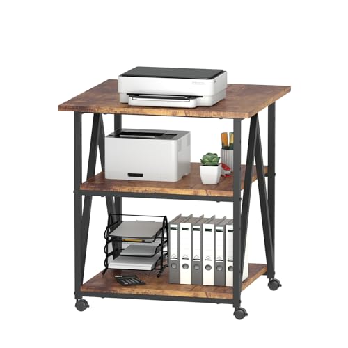 Arbuxzuy 3-Tier Printer Stand, Large Printer Table with Storage, Industrial Printer Storage Cart with Wheels, Rolling Printer Stand for Heat Press Scanner Fax, Brown - color: Brown
