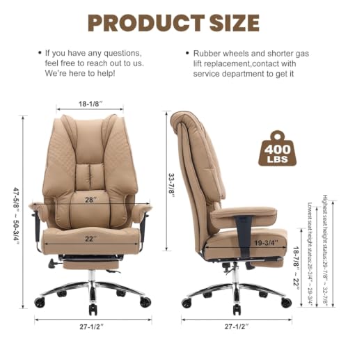EXCEBET Big and Tall Office Chair 400lbs Wide Seat, Leather High Back Executive Office Chair with Foot Rest, Ergonomic Chairs Lumbar Support for Lower Back Pain Relief, All-Day Comfort (Brown) - color: Light Brown