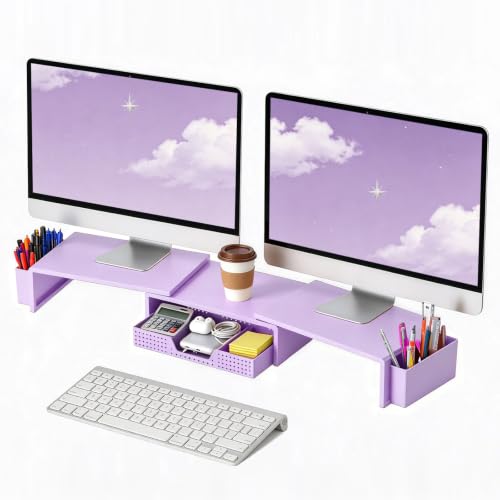 LEKETREE Dual Monitor Stand Riser with Drawer, Desk Organizer and Accessories, Monitor Stand for Desk, Desktop Stand for Computer, Laptop, TV and More (Purple) - color: Purple