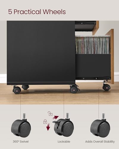 VASAGLE 2-Drawer File Cabinet, Small Rolling, Locking, Printer Stand - color: Rustic Brown + Ink Black, style: with Lock