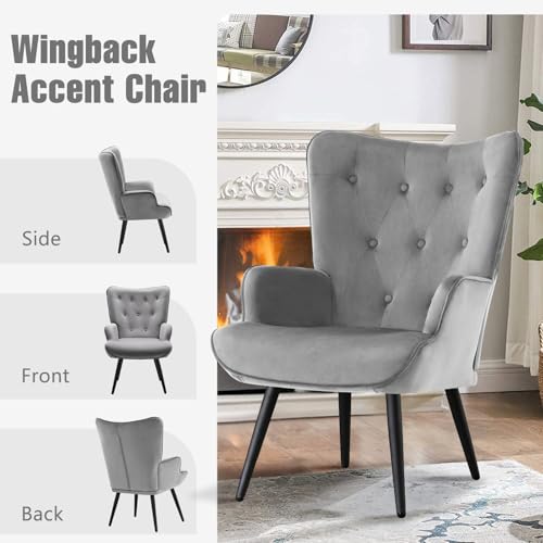 Furniliving Modern Accent Chair, Velvet Tufted Button Wingback Chair Upholstered Side Armchair Comfy Lounge Chair with Tapered Legs Sofa Leisure Chair for Home Office/Living Room/Bedroom, Grey - color: Grey, size: Set of 1