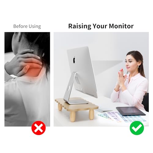 AFOOYO Monitor Stand Riser,Cookie-Shaped Sturdy Wood Computer Monitor Stand, Monitor Stand Riser, Multi-Purpose Desktop Organizer Riser for Computer,Laptop,Printer,TV,khaki
