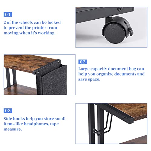 Printer Stand with Storage Bag Under Desk Printer Table on Wheels 2 Tier Small Desktop Rolling Stand Shelf for Fax Machine Scanner Files (Brown) - color: Brown