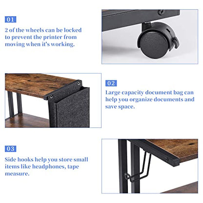 Printer Stand with Storage Bag Under Desk Printer Table on Wheels 2 Tier Small Desktop Rolling Stand Shelf for Fax Machine Scanner Files (Brown) - color: Brown