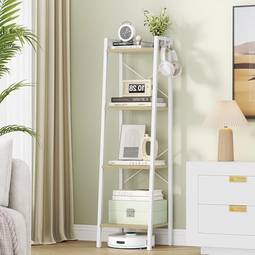 Hzuaneri Ladder Shelf, Bookshelf, Freestanding Corner Storage Shelf | Bookcase with 2 Hooks for Office, Living Room, Kitchen, Bedroom, Industrial, 11.8"D x 13.4"W x 47.2"H, White Oak and White - color: White Oak and White, size: 11.8"D x 13.4"W x 47.2"H