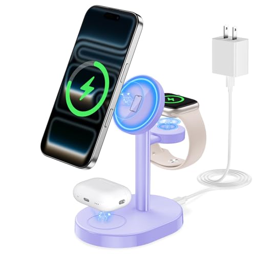 Hevanto 3 in 1 Wireless Charging Station for Apple MagSafe Charger, 15W Fast Magnetic Mag-Safe Charger Stand for iPhone 17 16 15 14 13 12 Apple Watch AirPods Compatible with MagSafe, Purple - color: Purple, size: 15W