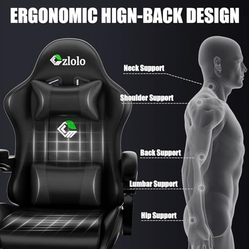 Czlolo Gaming Chair with Footrest Racing Style Lumbar Support Massager Video Game Chair with Metal Legs, High Back Gamer Chair with Headrest, 360° Swivel Office Computer Desk Chair (Black) - color: Black