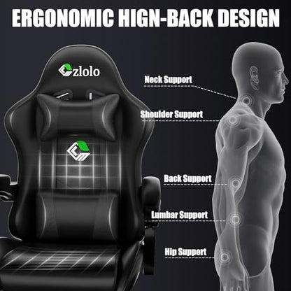 Czlolo Gaming Chair with Footrest Racing Style Lumbar Support Massager Video Game Chair with Metal Legs, High Back Gamer Chair with Headrest, 360° Swivel Office Computer Desk Chair (Black) - color: Black