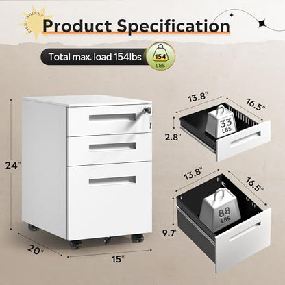 DEVAISE 3 Drawer File Cabinet with Lock, Fully Assembled Except Casters | Under Desk Metal Filing Cabinet with Wheels for Home Office, Printer Stand fits Letter/Legal/A4 Size, White - color: White, size: Thickened Steel 20" D x 15" W x 24" H