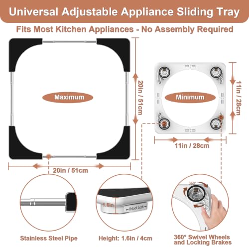 Adjustable Appliance Sliding Tray - Expandable 11" x 11"- 20" x 20" | Slider Tray for Kitchen Appliances - 360° Countertop Rolling Tray with Locking Brakes for Coffee Makers - size: 11" x 11" - 20" x 20" Square