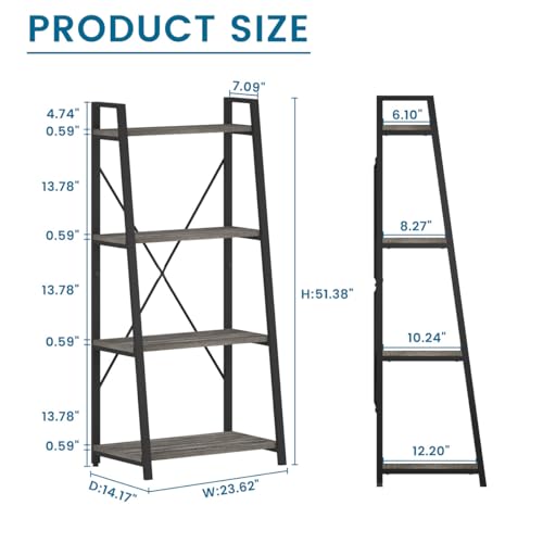 Ladder Bookshelf, 4 Tier Ladder Shelf Bookcase, Wood Leaning Book Shelves for Living Room, Bedroom, Home Office Shelving Unit (Dark Grey Oak) - color: Grey Oak, size: 4-Tier