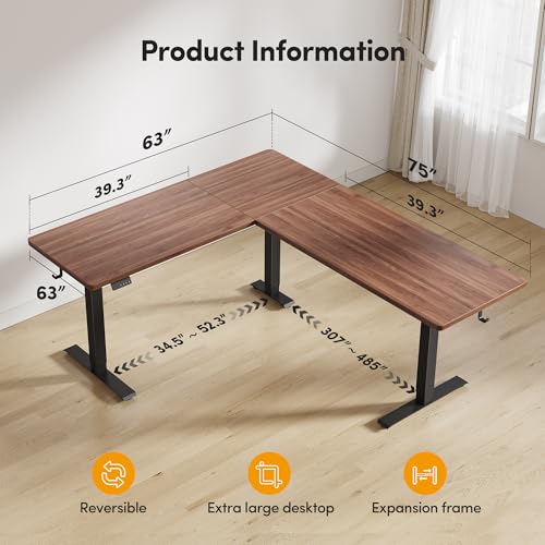 CubiCubi 75“ x 63" L Shaped Standing Desk Adjustable Height, Electric Corner Desk, Sit Stand Home Office Desk with Splice Board, Black Walnut - color: Black Walnut, size: 75x63