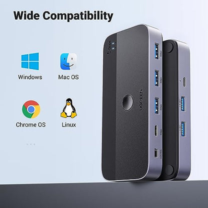 UGREEN USB 3.0 Switch 2 Computers Sharing USB C & A Devices, 4 Port USB Switcher Sharing Keyboard and Mouse, Printer/Scanner USB Switch Hub for Two Computers with 2 USB3.0 Cables and Controller - color: Black