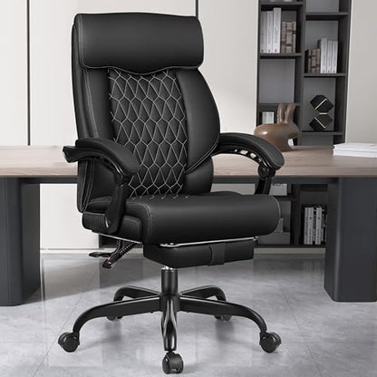 Office Chair, Big and Tall Office Desk Chair, Reclining Office Chair with Footrest Home Office Desk Chairs, High Back Ergonomic with Lumbar Support, Executive Leather - color: Black, style: With Footrest