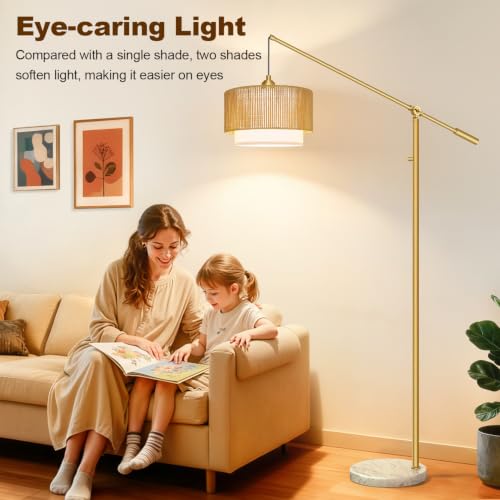 【Upgraded】Boho Dimmable Floor Lamp with Adjustable Swing Arm, 1100 Lumens Bulb Included, Modern Standing Lamp with Rattan & Fabric Shades, Tall Arc Floor Lamp for Living Room Bedroom, Gold, Heavy Base - color: Bohemian-Gold-Heavy Base