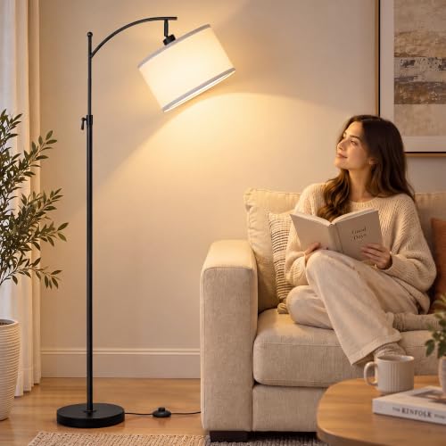 JUNNAI Black Arc Floor Lamp 55-63" Adjustable, 3 Color 9W LED Bulb Included - color: Black+White Shade-Arc