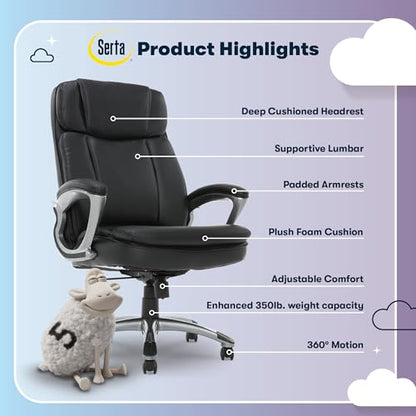 Serta Ergonomic Big and Tall Executive Office Chair Lumbar Support, Leather | Fairbanks, Gaming Chair with Headrest, 350lb Capacity, Padded Arms, Semi-Plush Seat Cushion, Adjustable Height & Tilt, Black - color: Black, size: 350 lbs