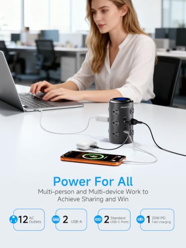 6FT Tower Power Strip with Dedicated 20W PD USB-C Port - color: Black, size: 6FT