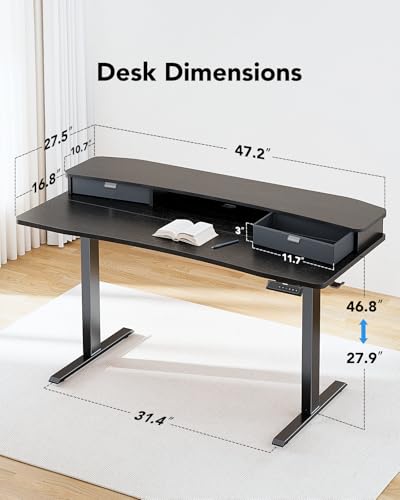 HUANUO 48″ x 28″ Electric Standing Desk with 2 Drawers, C-Clamp Mount Compatible, Height Adjustable Computer Desk, Home Office Stand Up Desk with 4 Preset Heights & 2 Hooks, Black - color: Black, size: 48" X 28"